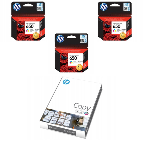 3x Tusz do drukarki HP 650 Kolor CZ102AE + Papier ksero HP COPY