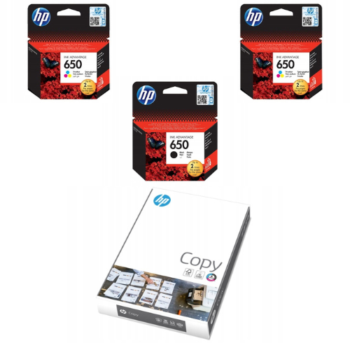 2x Tusz do drukarki HP 650 Kolor CZ102AE + Tusz HP 650 Czarny CZ101AE + HP COPY